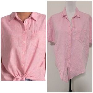 Madewell Women’s Medium Linen Short-Sleeve Tie-Front Button Up Shirt Pink EUC